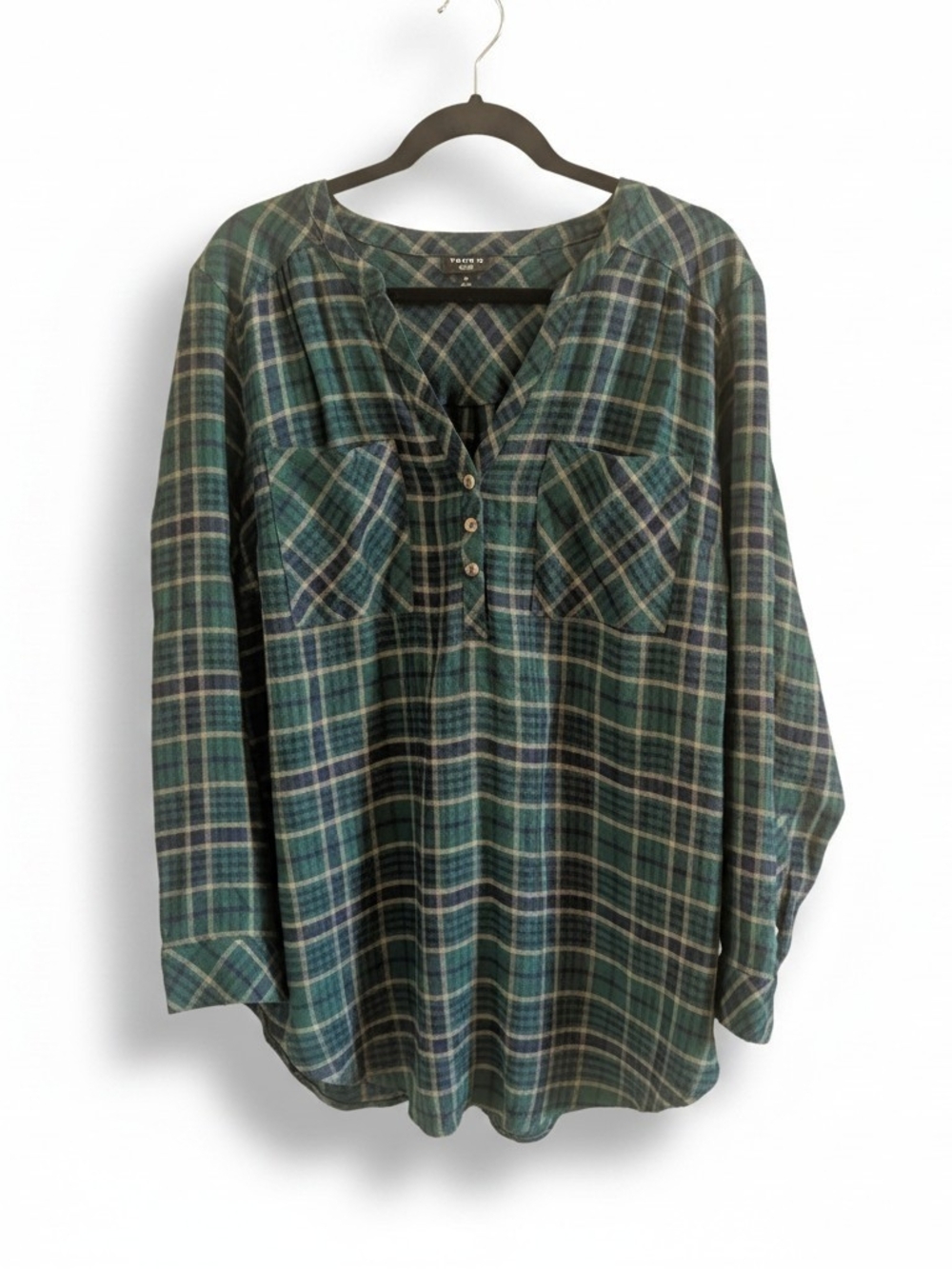 Torrid Harper Size 2 2X Green Plaid Button Split Neck Tunic Blouse 100% Cotton